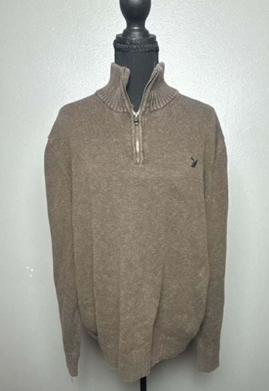 American Eagle Outfitters Men's Brown Cotton 1/4 Quarter Zip Mock Neck Pullover